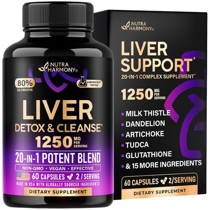 Bottle & Box Overview
Front label of Liver Detox & Cleanse 1250 mg Per Serving, 20-in-1 Potent Blend.
Key Highlights: 80% Silymarin, Laboratory Tested, Milk Thistle, Dandelion, Artichoke, TUDCA, Glutathione.
Count & Serving: 60 Capsules (2 capsules per serving).
Claims: Non-GMO, Vegan, Effective, Made in USA with globally sourced ingredients. Dietary supplement.