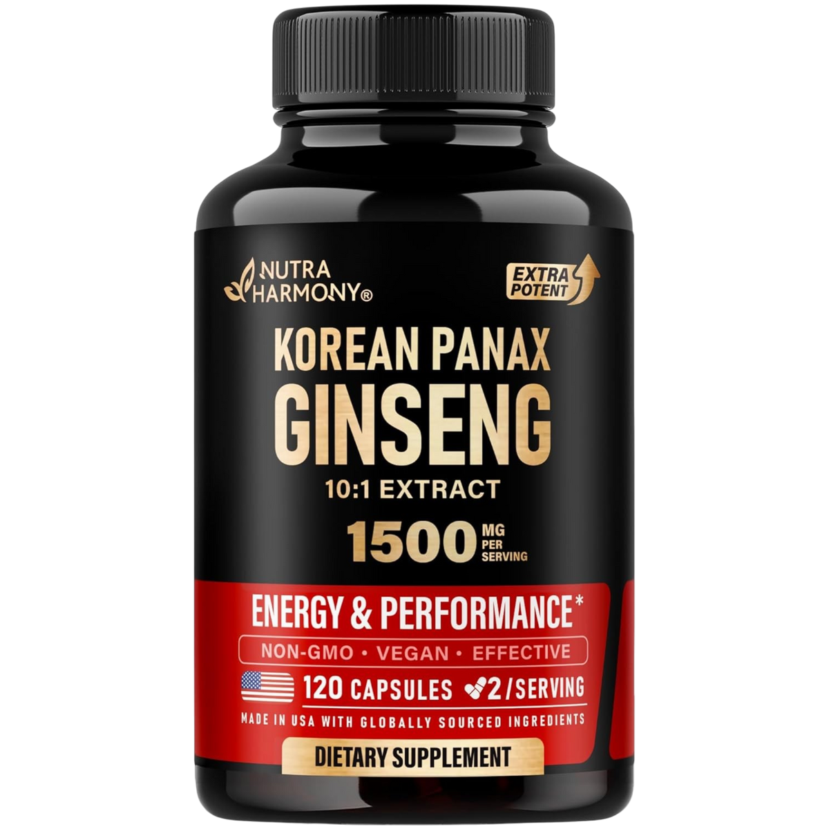 Front view of NutraHarmony Korean Panax Ginseng 10:1 Extract bottle containing 120 capsules. Labels highlight 1500 mg per serving for energy and performance, Non-GMO, Vegan, and Made in USA. Dietary supplement.