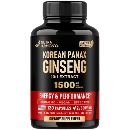 Front view of NutraHarmony Korean Panax Ginseng 10:1 Extract bottle containing 120 capsules. Labels highlight 1500 mg per serving for energy and performance, Non-GMO, Vegan, and Made in USA. Dietary supplement.