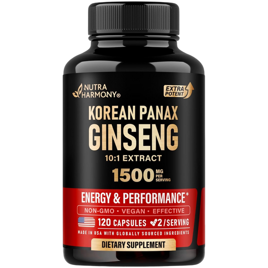 Front view of NutraHarmony Korean Panax Ginseng 10:1 Extract bottle containing 120 capsules. Labels highlight 1500 mg per serving for energy and performance, Non-GMO, Vegan, and Made in USA. Dietary supplement.