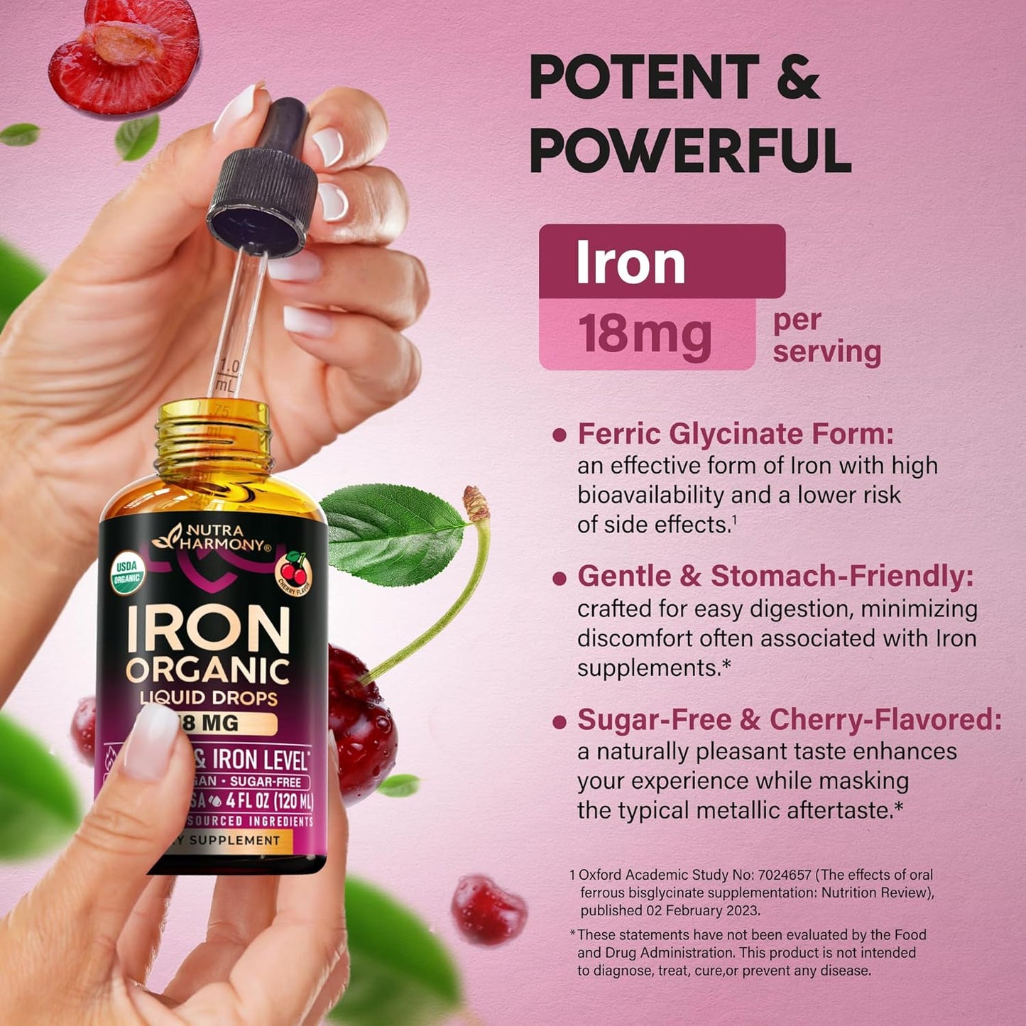 USDA Organic Iron 18 mg | High Absorption Ferric Glycinate Liquid Drops