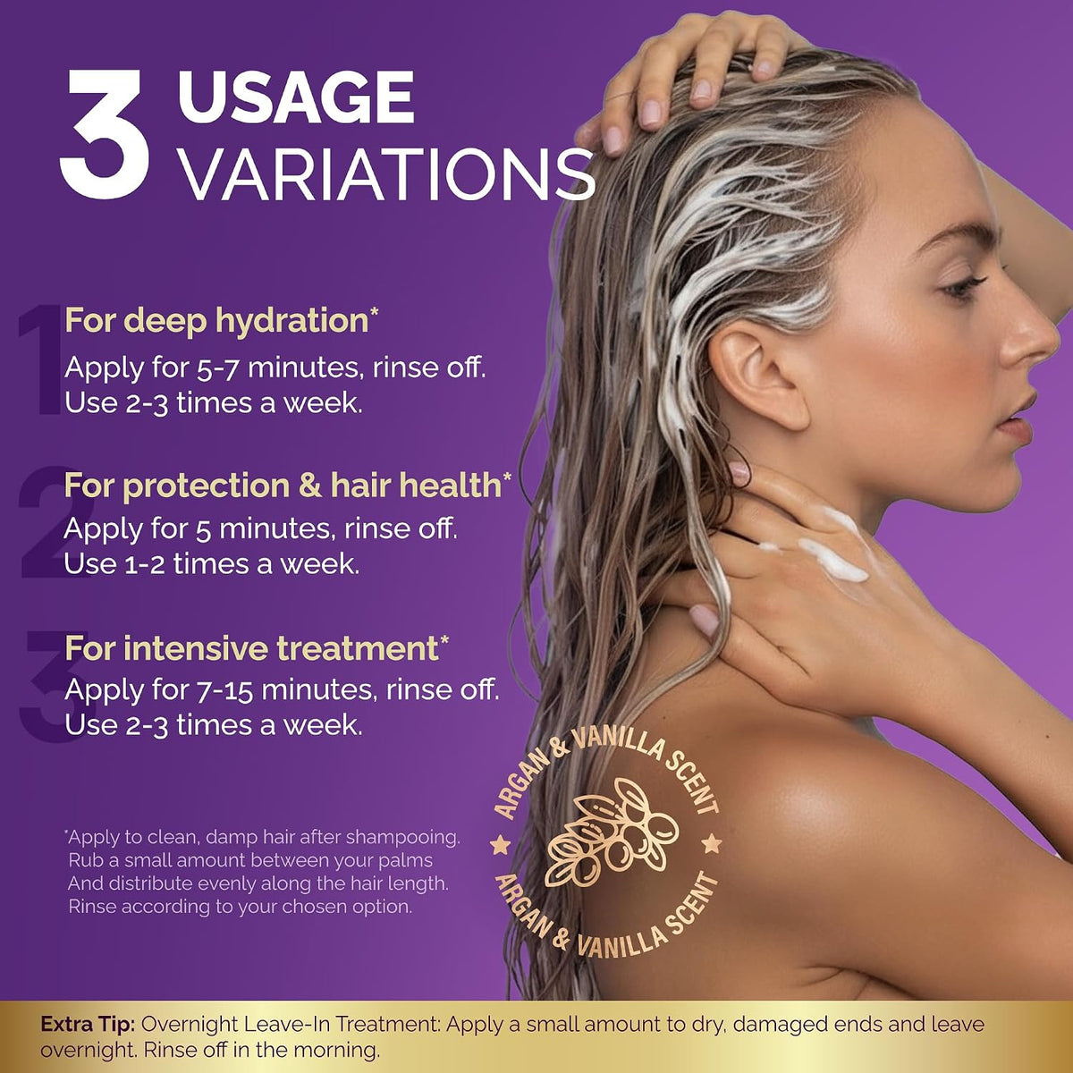 The hair mask can be applied to clean, damp hair after shampooing by rubbing a small amount between the palms and distributing it evenly along the length:

Deep Hydration: Apply for 5 to 7 minutes and rinse off;  2 to 3 times a week.
Protection & Hair Health: Apply for 5 minutes and rinse off;  1 to 2 times a week.
Intensive Treatment: Apply for 7 to 15 minutes and rinse off;  2 to 3 times a week.
Overnight Leave-In: Apply a small amount directly to dry, damaged ends before bed and rinse off in the morning.