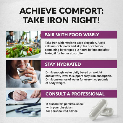 ACHIEVE COMFORT: TAKE IRON RIGHT! 1. PAIR WITH FOOD WISELY: Take Iron with meals to ease digestion; avoid calcium-rich foods and skip tea/caffeine 1–2 hours before/after taking. 2. STAY HYDRATED: Drink 1 oz of water for every 2 lbs of body weight daily. 3. CONSULT A PROFESSIONAL: Speak with your physician for personalized advice if discomfort persists.