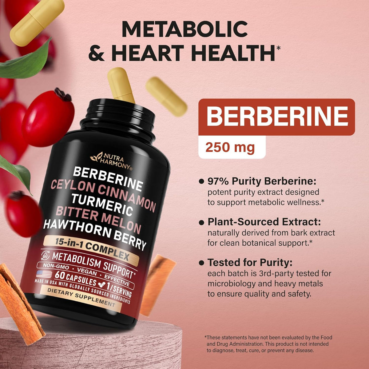 Key Berberine Specs

Potency: Contains 250 mg of 97% Purity Berberine per serving.

Source & Safety: Plant-sourced bark extract, 3rd-party tested for microbiology and heavy metals.
