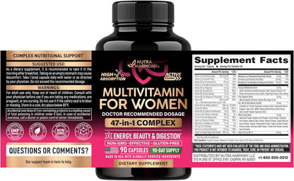 Supplement Facts: 1 capsule daily, 90-day supply. Vit A 700mcg RAE, C 75mg, D3 25mcg, E 15mg, B1 3.3mg, B2 3.9mg, B3 14mg, B6 5.1mg, B9 800mcg DFE, B12 500mcg, Biotin 500mcg, B5 10mg, Calcium 100mg, Iron 18mg, Iodine 150mcg, Mg 21mg, Zn 8mg, Se 55mcg, Cu 900mcg, Mn 1.8mg, Cr 25mcg, Mo 45mcg, K2 10mcg.

Blends: Energy 25mg, Fiber Digestion 25mg, Hair Skin & Nails 25mg, Whole Foods 25mg.

Other: Vegetable Capsule, Magnesium Stearate, Silica, Natural Vanilla Flavor.