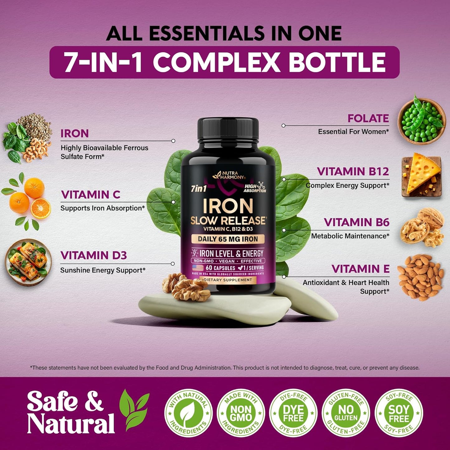 Slow Release Iron 65 mg | Ferrous Sulfate with Vitamins C, B12 & D3 Capsules