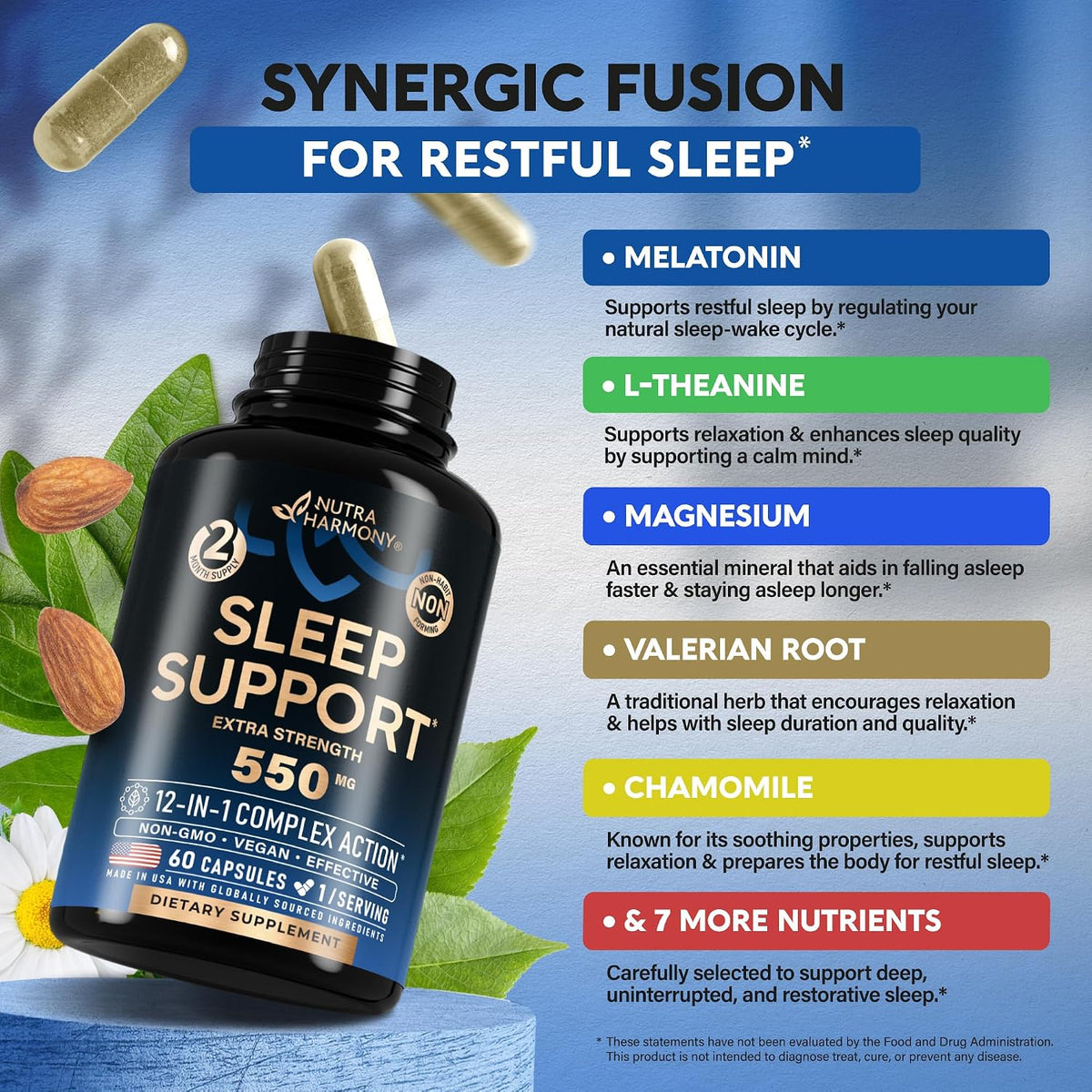 Primary Sleep Support Benefits:

Melatonin: Regulates natural sleep-wake cycles.
L-Theanine: Supports relaxation and calms the mind.
Magnesium: Aids in falling asleep faster and staying asleep longer.
Valerian Root: Encourages relaxation, sleep duration, and sleep quality.
Chamomile: Prepares the body for restful sleep.
7 Additional Nutrients: GABA, Vitamin B6, Ashwagandha, Lemon Balm, Passion Flower, Hops, and Magnesium Citrate/Oxide.