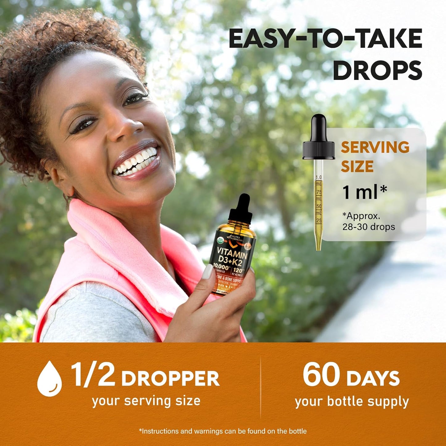USDA Organic Vitamin D3+K2  Drops - Vitamin D3 10000 IU & K2 as MK-7 120mcg