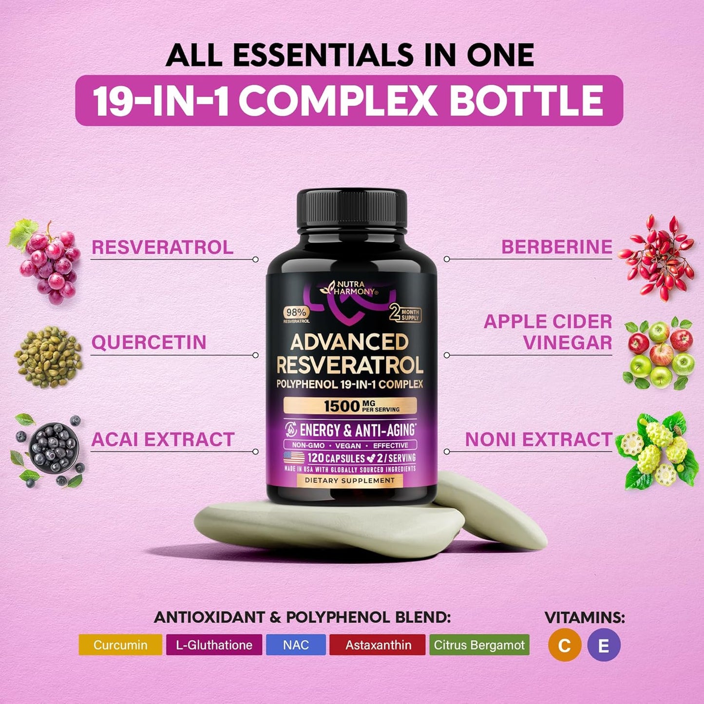Resveratrol Polyphenol 15-in-1 Complex 1500 mg Capsules