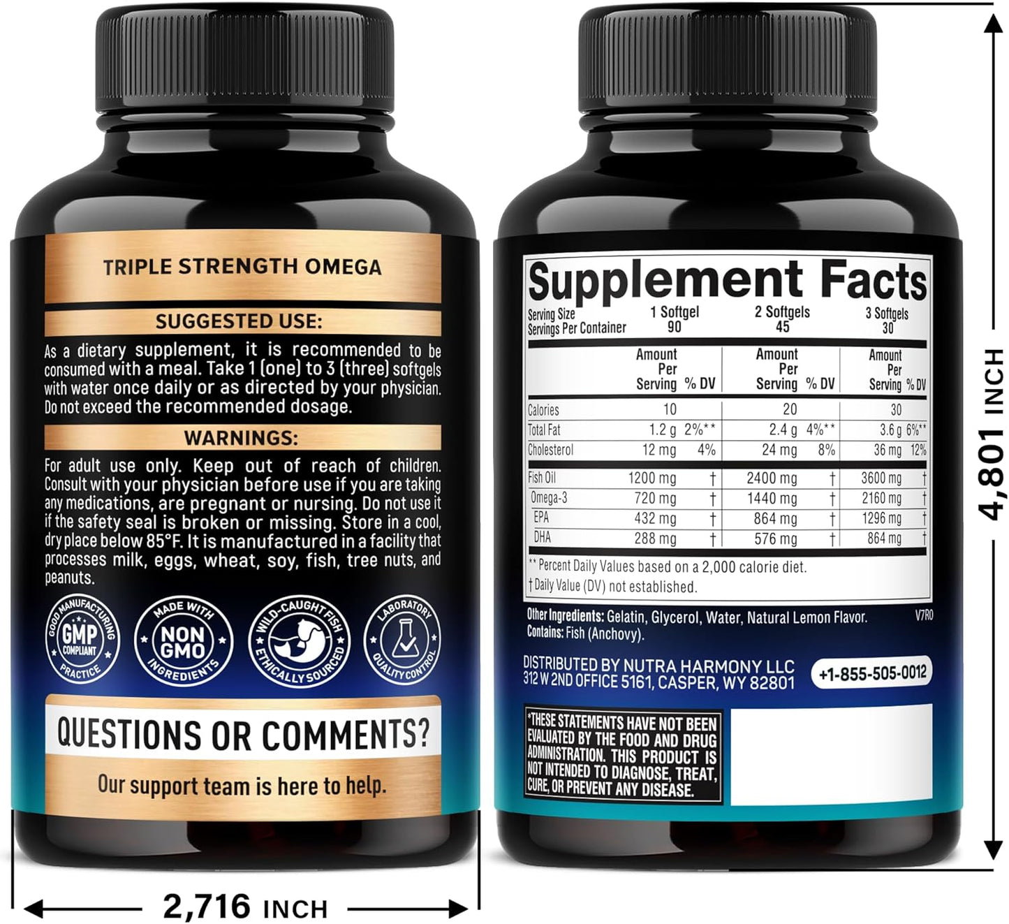 Omega 3 Fish Oil Supplement 3600 mg. Burpless, Lemon Flavored, 90 Softgels