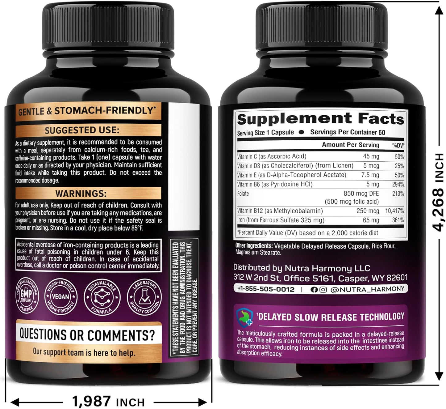 Slow Release Iron 65 mg | Ferrous Sulfate with Vitamins C, B12 & D3 Capsules