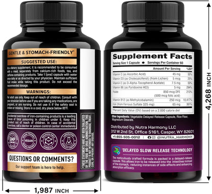 Slow Release Iron 65 mg | Ferrous Sulfate with Vitamins C, B12 & D3 Capsules