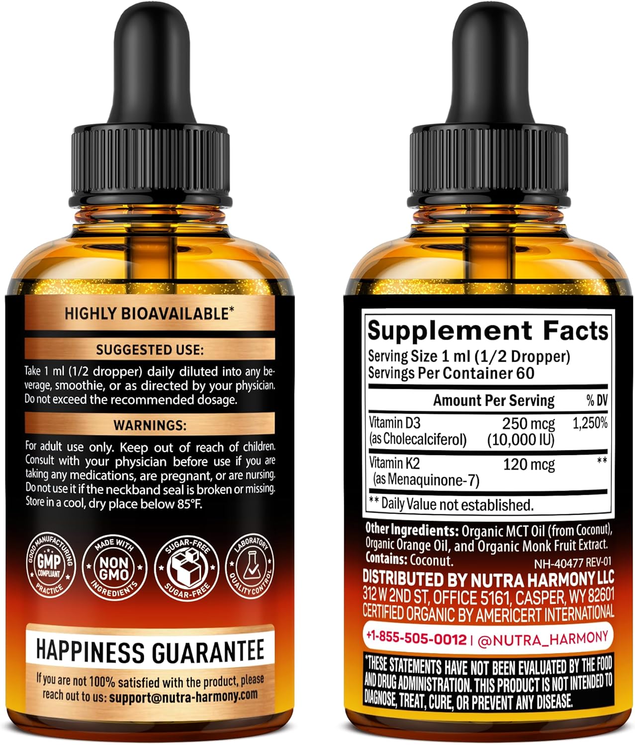 USDA Organic Vitamin D3+K2  Drops - Vitamin D3 10000 IU & K2 as MK-7 120mcg