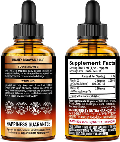 USDA Organic Vitamin D3+K2  Drops - Vitamin D3 10000 IU & K2 as MK-7 120mcg