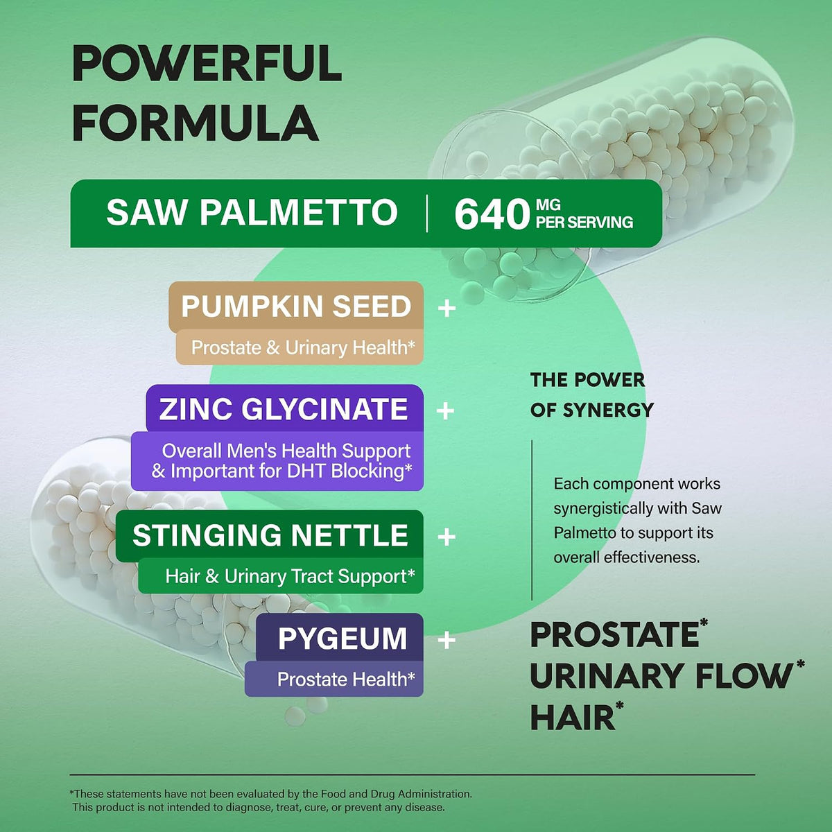Synergistic Formula Breakdown
Synergistic Blend: Combines Saw Palmetto (640 mg), Pumpkin Seed (prostate & urinary health), Zinc Glycinate (men's health & DHT blocking), Stinging Nettle (hair & urinary tract support), and Pygeum (prostate health).
Core Benefits: Targets prostate function, comfortable urinary flow, and hair health.
*These statements have not been evaluated by the Food and Drug Administration. This product is not intended to diagnose, treat, cure, or prevent any disease.