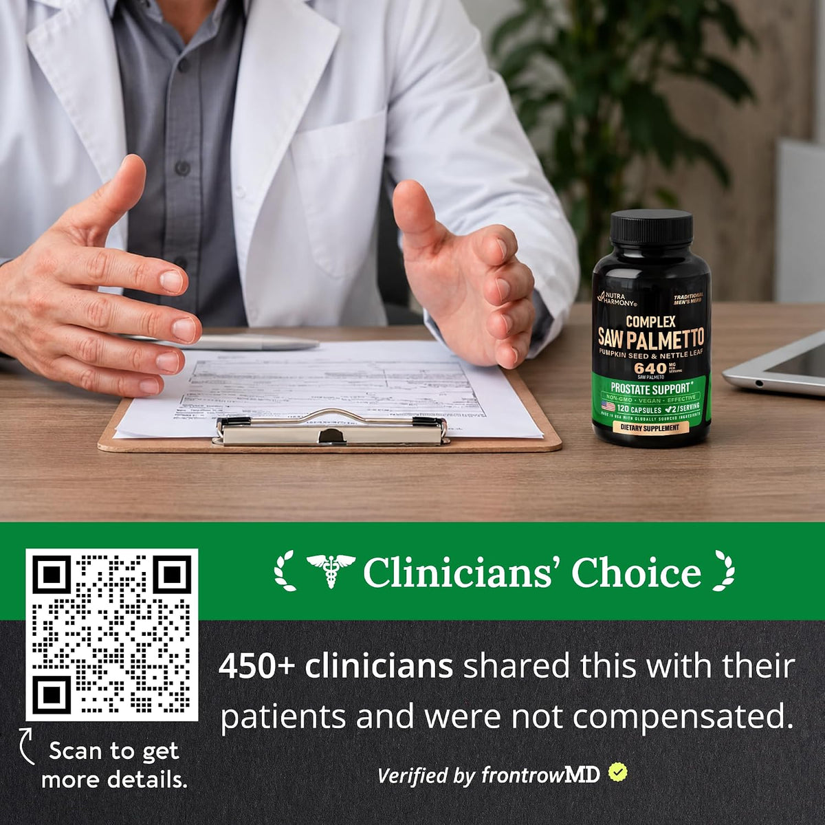 Clinician Endorsement
Clinicians' Choice: 450+ clinicians shared this product with patients without compensation (Verified by frontrowMD).
QR Code: Includes direct QR scan code to access verified details.