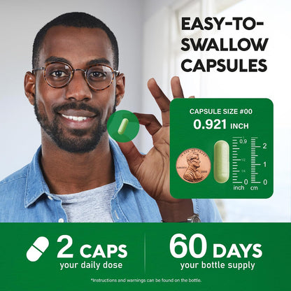 Dosing & Capsule Size
Capsule Size: #00 (0.921 inches / ~2.34 cm) easy-to-swallow capsules.
Usage: 2 capsules daily dose providing a 60-day supply per bottle.