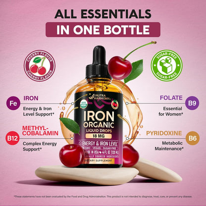 USDA Organic Iron 18 mg | High Absorption Ferric Glycinate Liquid Drops