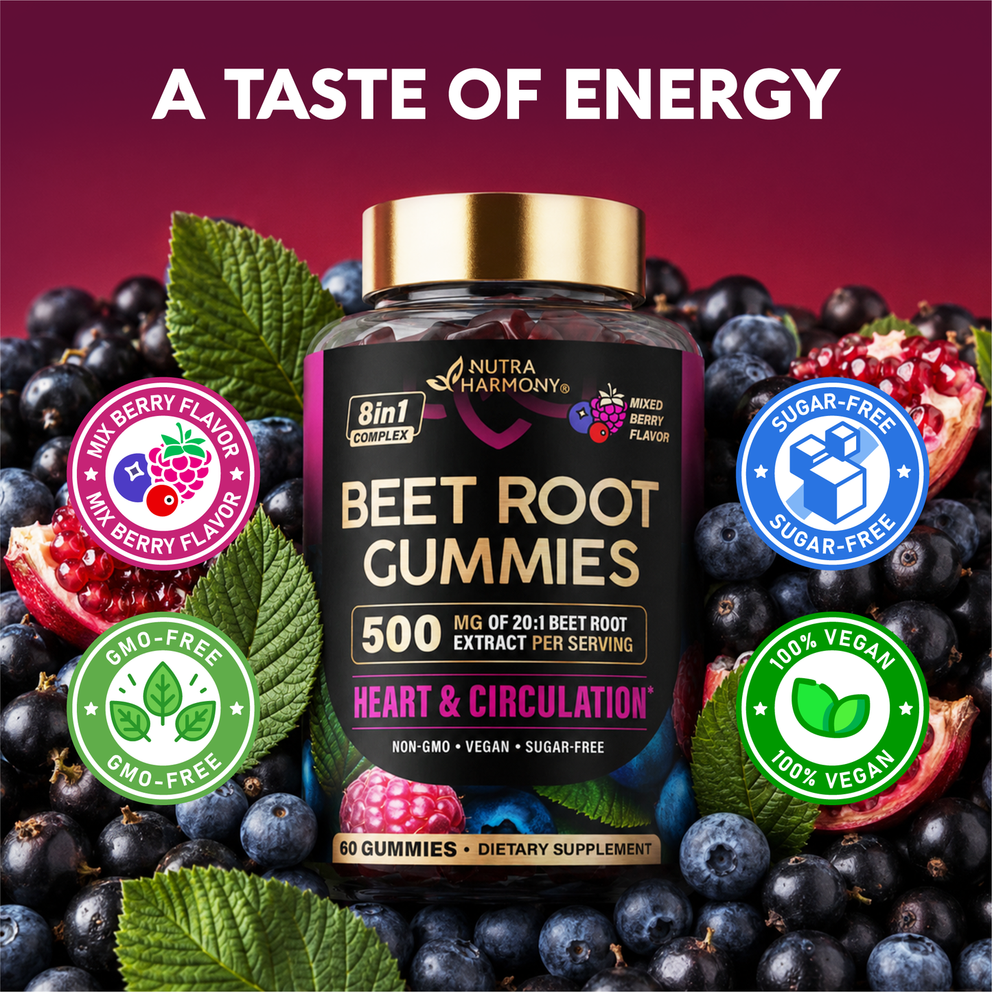 Beet Root Gummies 500mg - Blood Pressure Supplement - Sugar-Free, 60pcs