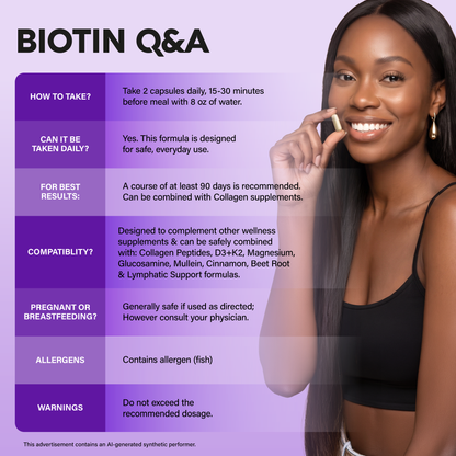 BIOTIN Q&A breakdown: HOW TO TAKE: 2 capsules daily, 15–30 min before meals with 8 oz water. DAILY USE: Safe for everyday use. BEST RESULTS: Recommended 90-day course; compatible with Collagen. COMPATIBILITY: Can combine with Collagen Peptides, D3+K2, Magnesium, Glucosamine, Mullein, Cinnamon, Beet Root, and Lymphatic Support. PREGNANCY/BREASTFEEDING: Consult physician. ALLERGENS: Contains fish. WARNINGS: Do not exceed recommended dosage.
This advertisement contains an AI-generated synthetic performer.