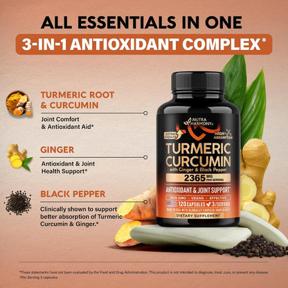 3-in-1 Antioxidant Complex
Active Ingredients: Turmeric Root & Curcumin, Ginger, and Black Pepper.
Core Benefits: Supports joint comfort, healthy inflammatory response, and antioxidant protection.
Absorption: Includes Black Pepper to clinically support the absorption of Turmeric Curcumin and Ginger.
Product Specs: 2365 mg per serving, 120 capsules (3 per serving). Non-GMO, vegan, made in the USA.