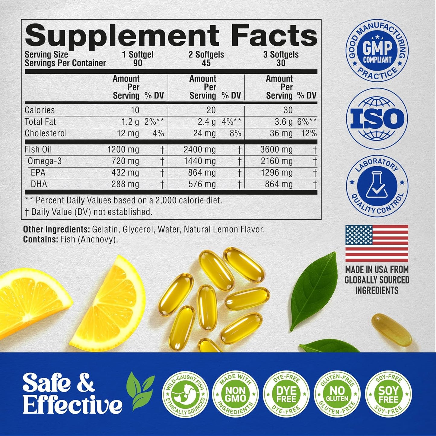 Omega 3 Fish Oil Supplement 3600 mg. Burpless, Lemon Flavored, 90 Softgels