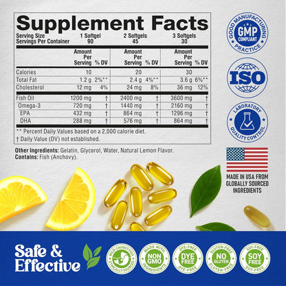 Omega 3 Fish Oil Supplement 3600 mg. Burpless, Lemon Flavored, 90 Softgels