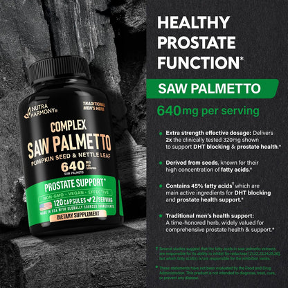 Saw Palmetto Potency & Features
Dosage Potency: Extra strength formula delivering 640 mg per serving—2x the clinically tested 320 mg dose shown to support DHT blocking and prostate health.
Active Content: Derived from seeds high in fatty acid concentration, standardized to 45% fatty acids to inhibit 5α-reductase.
Heritage: Utilizes a time-honored traditional herb for comprehensive men's health.