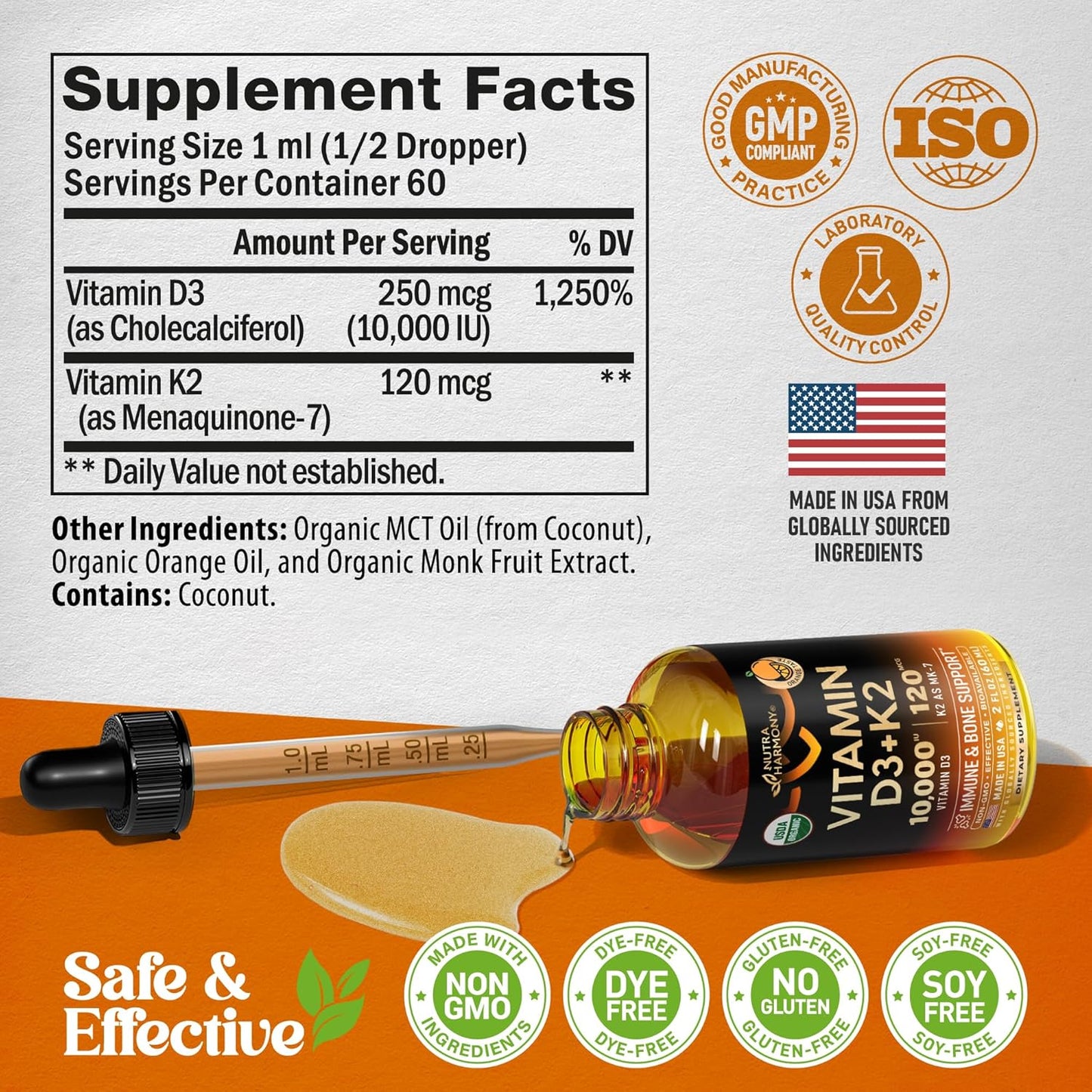 USDA Organic Vitamin D3+K2  Drops - Vitamin D3 10000 IU & K2 as MK-7 120mcg
