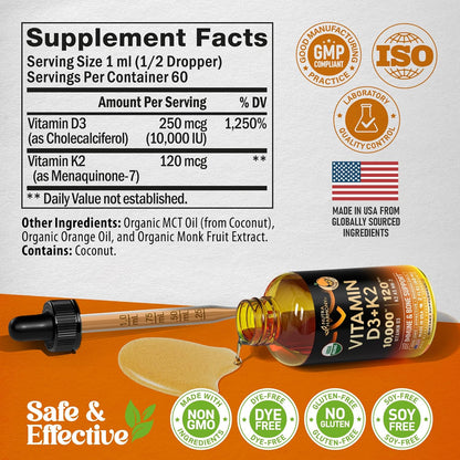 USDA Organic Vitamin D3+K2  Drops - Vitamin D3 10000 IU & K2 as MK-7 120mcg