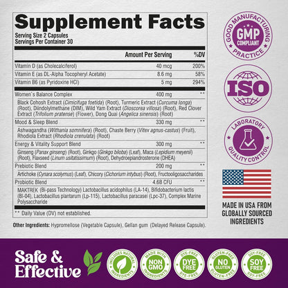 Menopause Supplement for Women with Dong Quai, Black Cohosh, Prebiotics & Probiotics