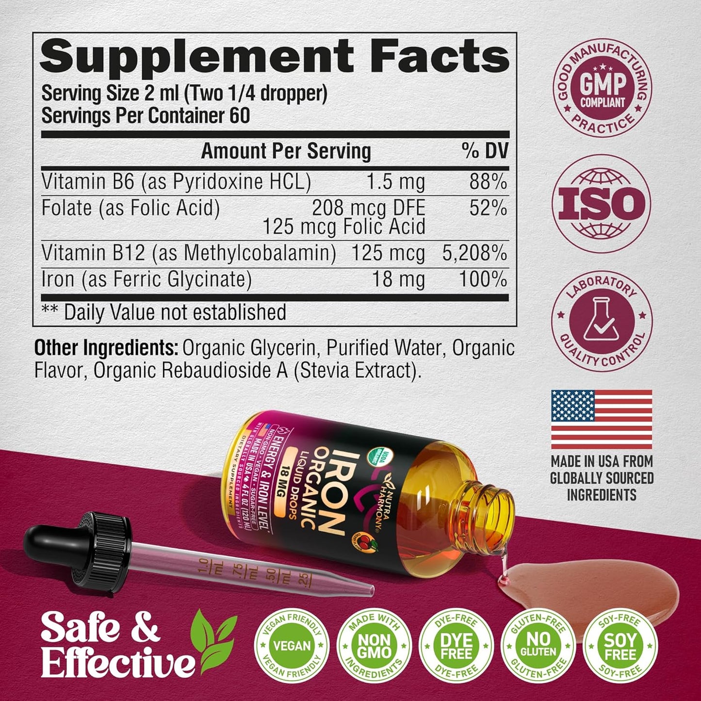 USDA Organic Iron 18 mg | High Absorption Ferric Glycinate Liquid Drops