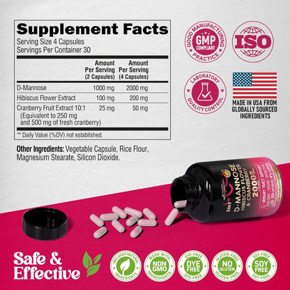 D-Mannose 2000 mg with Cranberry & Hibiscus | Urinary Tract Support Capsules