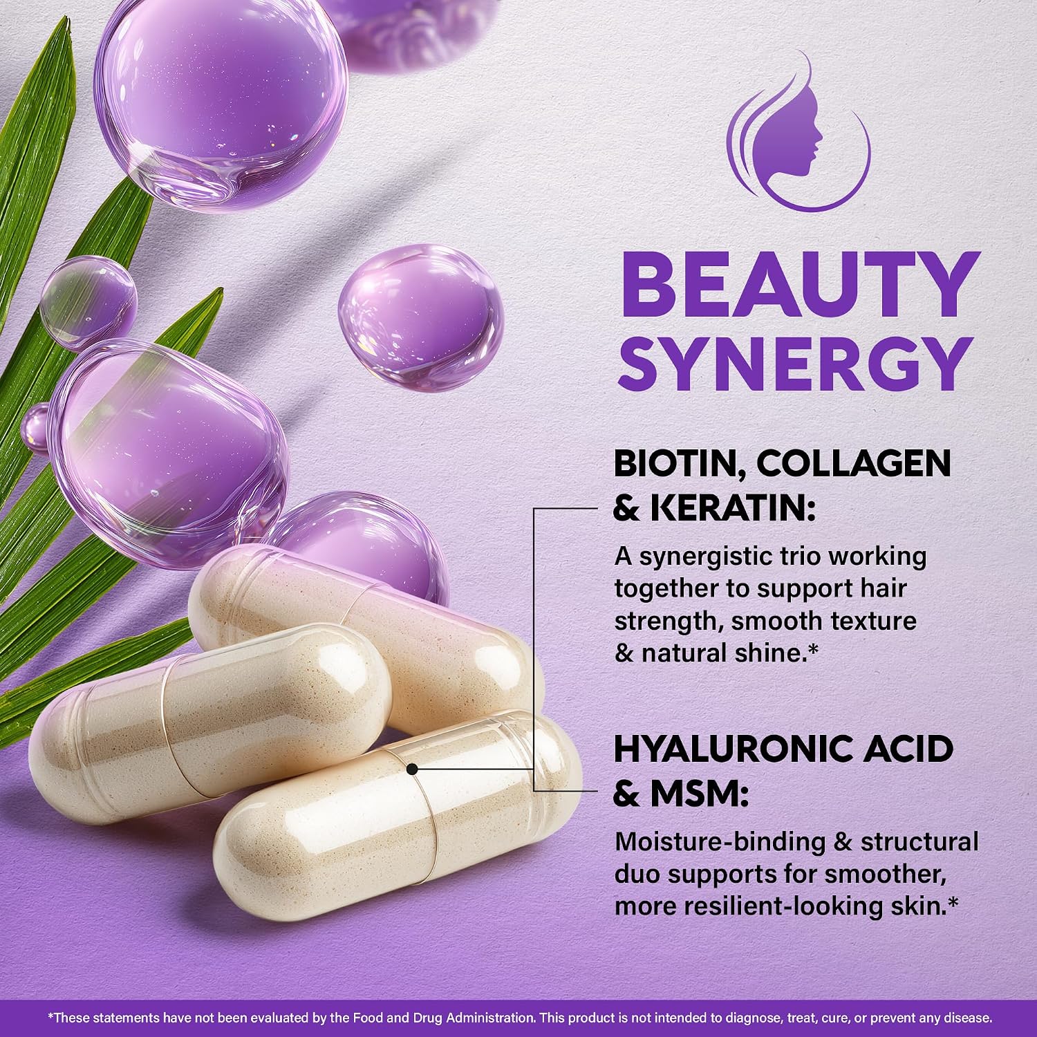 BEAUTY SYNERGY formula breakdown: BIOTIN, COLLAGEN & KERATIN: Synergistic trio supporting hair strength, smooth texture, and natural shine. HYALURONIC ACID & MSM: Moisture-binding and structural duo supporting smoother, more resilient-looking skin. Image shows transparent capsules filled with off-white powder alongside palm leaf and purple droplet graphics.