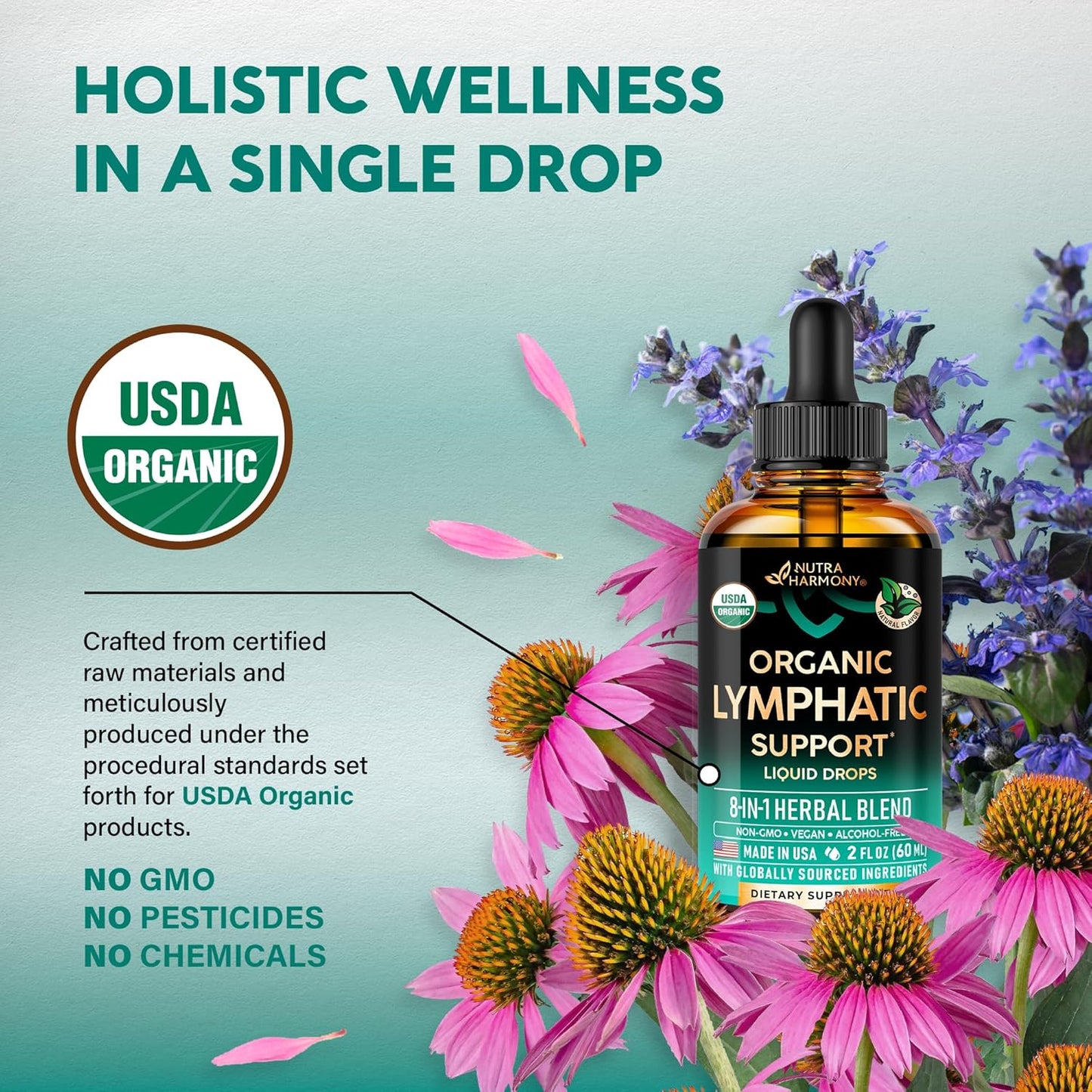 USDA Organic Lymphatic Support 8-in-1 Herbal Blend Liquid Drops