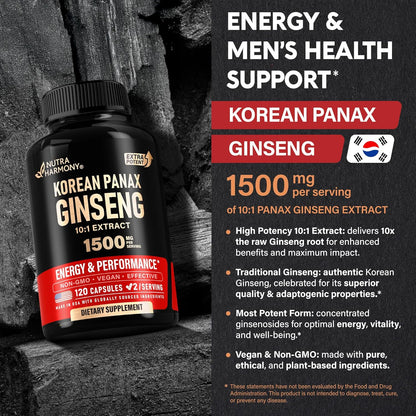 Product Overview & Key Claims
Title: Energy & Men's Health Support.
Potency: 1500 mg per serving of 10:1 Panax Ginseng Extract.
Key Callouts: High-potency 10:1 Extract delivering 10x raw root, authentic Korean Ginseng for adaptogenic properties, concentrated ginsenosides, pure plant-based vegan and Non-GMO formula.