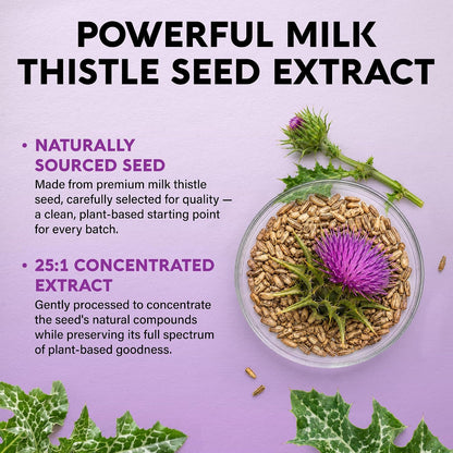 Milk Thistle Feature
Key Callouts: Naturally sourced seed made from premium milk thistle seed. 25:1 concentrated extract processed to preserve natural plant-based compounds.