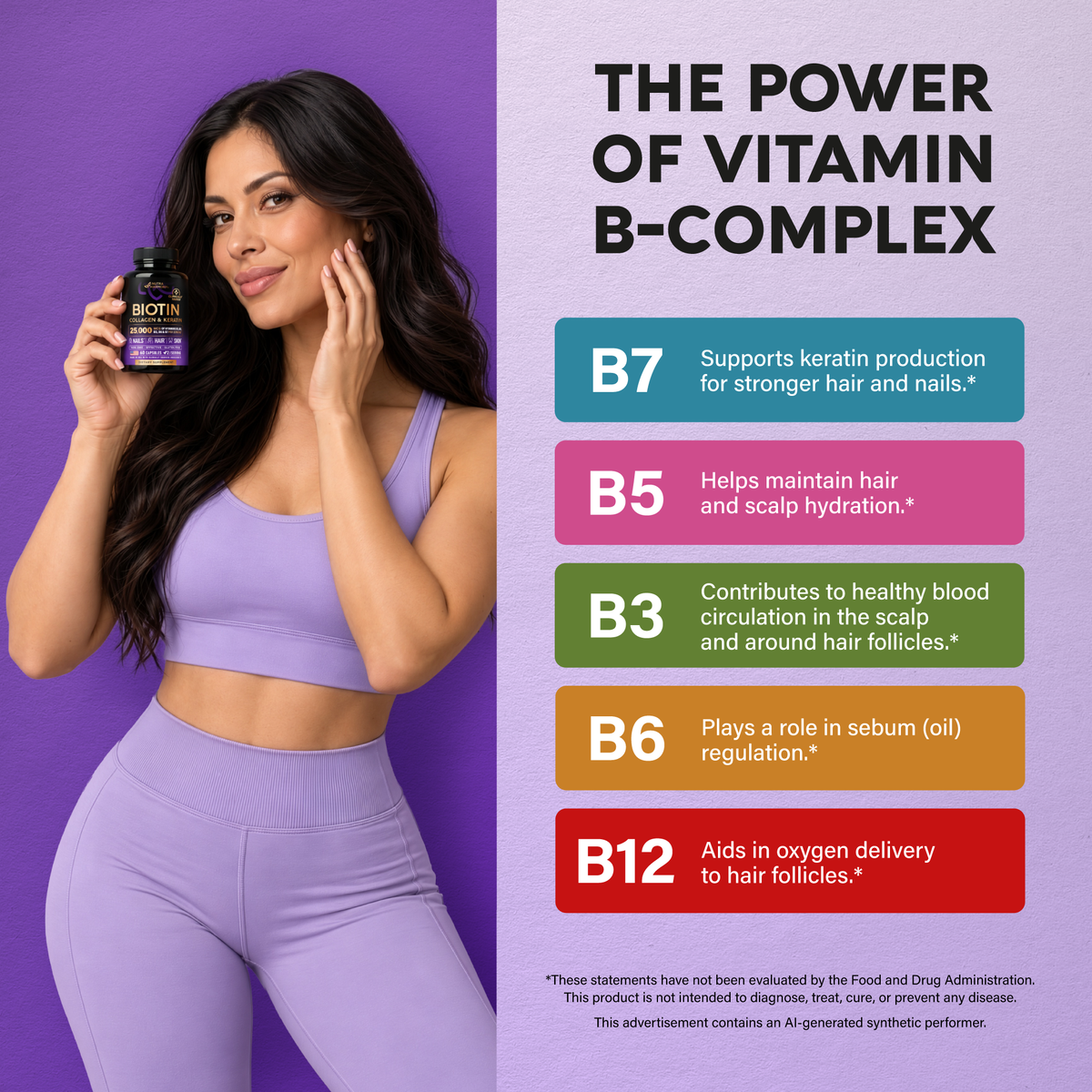 A woman in purple workout attire holds a bottle of Biotin supplement beside a graphic titled "The Power of Vitamin B-Complex." 
B7: Supports keratin production for stronger hair and nails.
B5: Helps maintain hair and scalp hydration.
B3: Contributes to healthy blood circulation in the scalp and around hair follicles.
B6: Plays a role in sebum (oil) regulation.
B12: Aids in oxygen delivery to hair follicles.