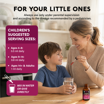 Infographic titled "For Your Little Ones" featuring a mother offering liquid drops to her child. Directs use under parental supervision and pediatrician guidance, listing suggested serving sizes:   
Ages 4–8: 0.5 mL daily.   
Ages 9–14: 0.8 mL daily.   
Ages 14+ & Adults: 1 mL daily.   
Usage: Can be taken directly or mixed into water.
