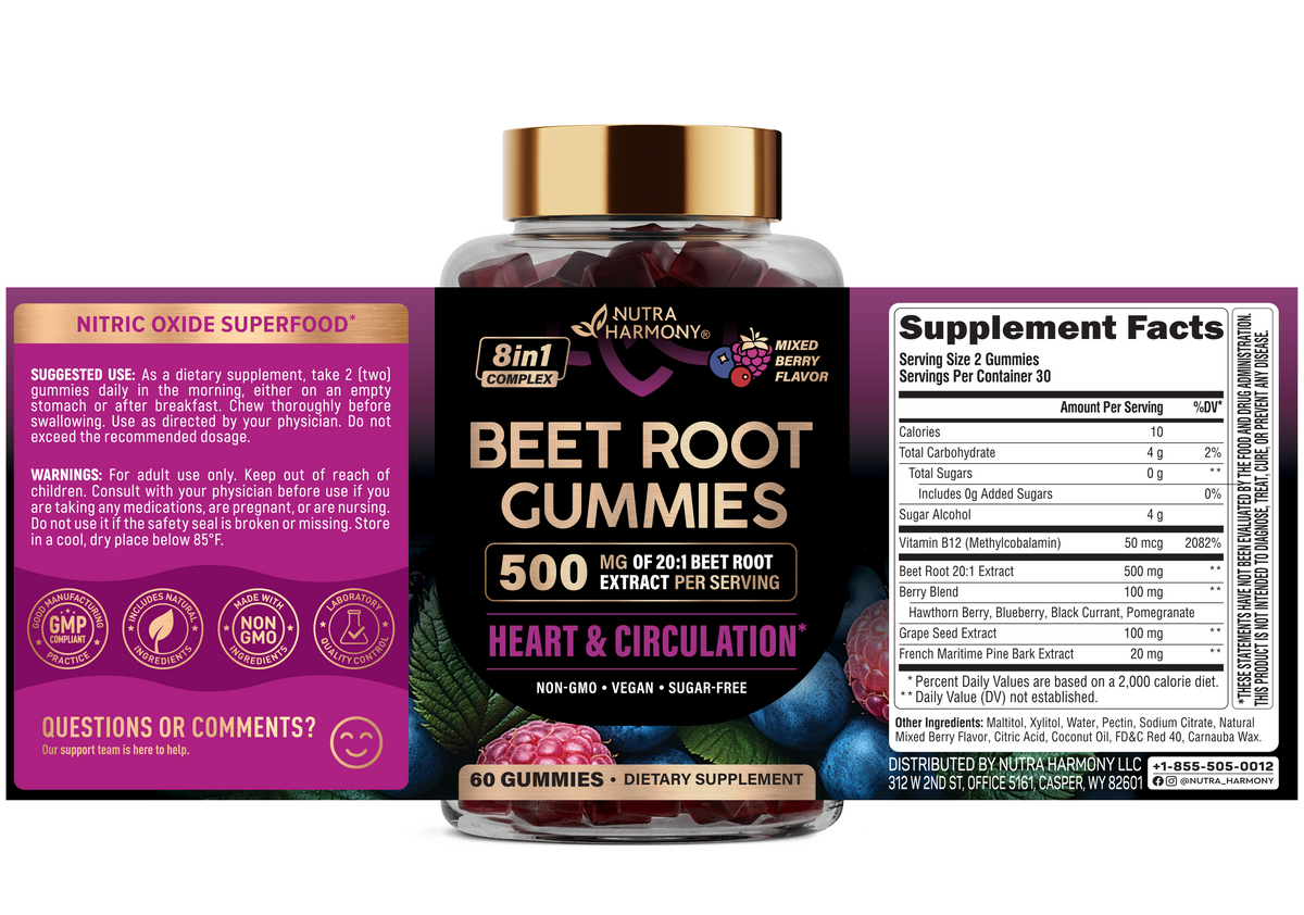 Suggested Use: Take 2 gummies daily in the morning, empty stomach or after breakfast. Adult use only; consult physician if taking medications, pregnant, or nursing; store below 85°F. Calories 10, Total Carb 4g, Total Sugars 0g, Sugar Alcohol 4g, Vitamin B12 50mcg, Beet Root 20:1 Extract 500mg, Berry Blend 100mg, Grape Seed Extract 100mg, French Maritime Pine Bark Extract 20mg. Other: Maltitol, Xylitol, Water, Pectin, Sodium Citrate, Natural Flavors, Citric Acid, Coconut Oil, FD&C Red 40, Carnauba Wax.