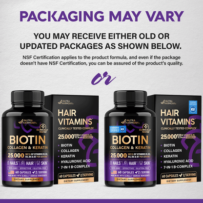 Informational graphic titled Packaging May Vary showing side-by-side comparison of original and updated packaging for NutraHarmony Biotin Collagen & Keratin. Clarifies that users may receive either version and notes that NSF Certification applies to the product formula regardless of whether the NSF seal appears on the outer package.
