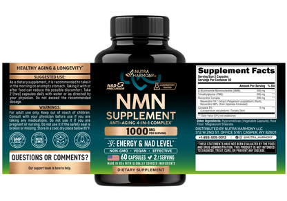 SUGGESTED USE: 2 capsules daily in the morning on an empty stomach with water, or after food to reduce discomfort, or as directed by a physician. WARNINGS: Adult use only. Keep out of reach of children. Consult a physician if taking medication, pregnant, or nursing. Do not use if seal is broken. Store below 85°F. Supplement Facts (30 servings, 2 caps/serving): NMN 500 mg, TMG 295 mg, Resveratrol Complex 200 mg, Lycopene 5% 5 mg. Other ingredients: vegetable capsule, rice flour, magnesium stearate.