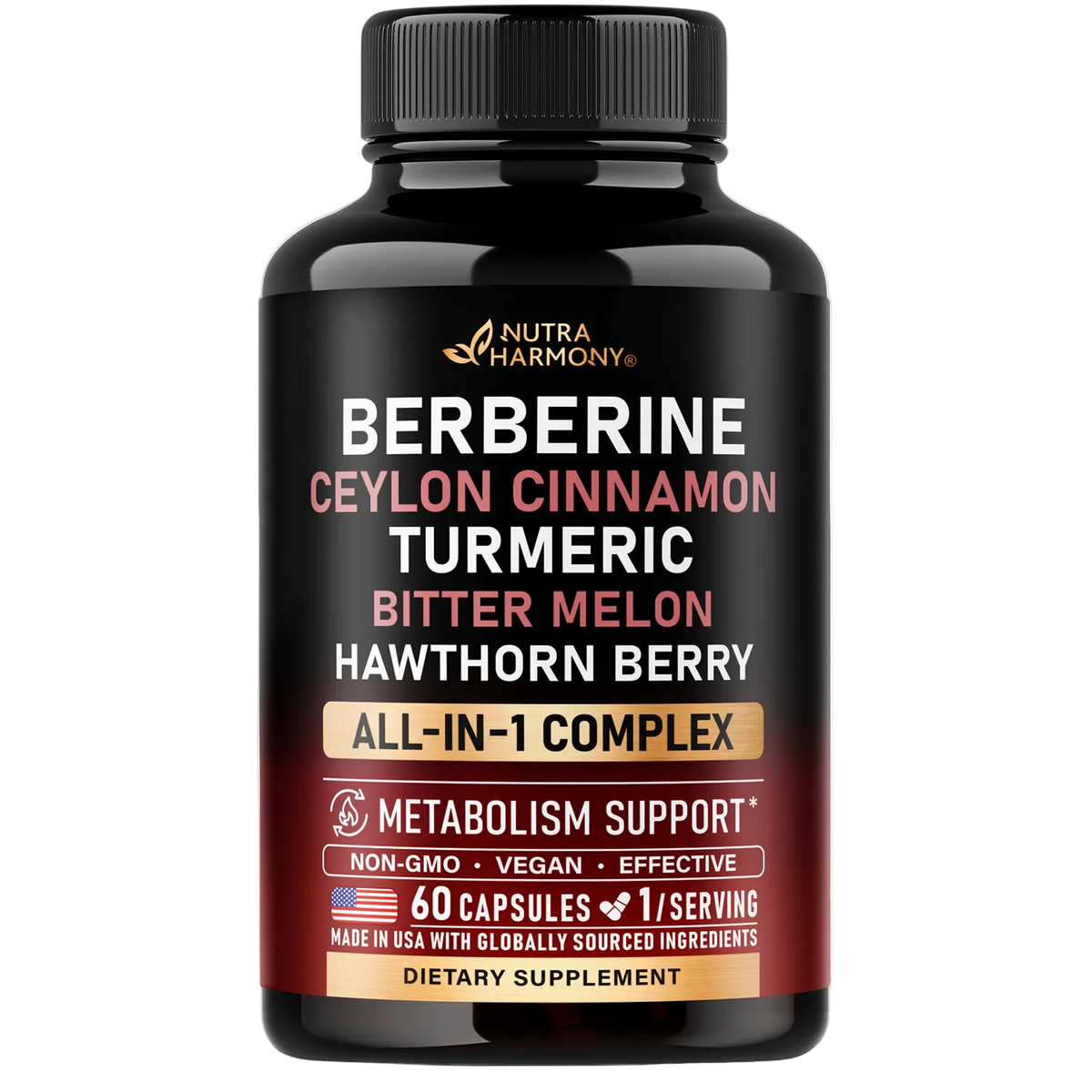 Front label of NutraHarmony Berberine All-in-1 Complex (60 capsules, 1/serving). Key ingredients: Berberine, Ceylon Cinnamon, Turmeric, Bitter Melon, Hawthorn Berry. Provides Metabolism Support*. Non-GMO, Vegan, Effective. Made in USA with globally sourced ingredients. Dietary supplement.