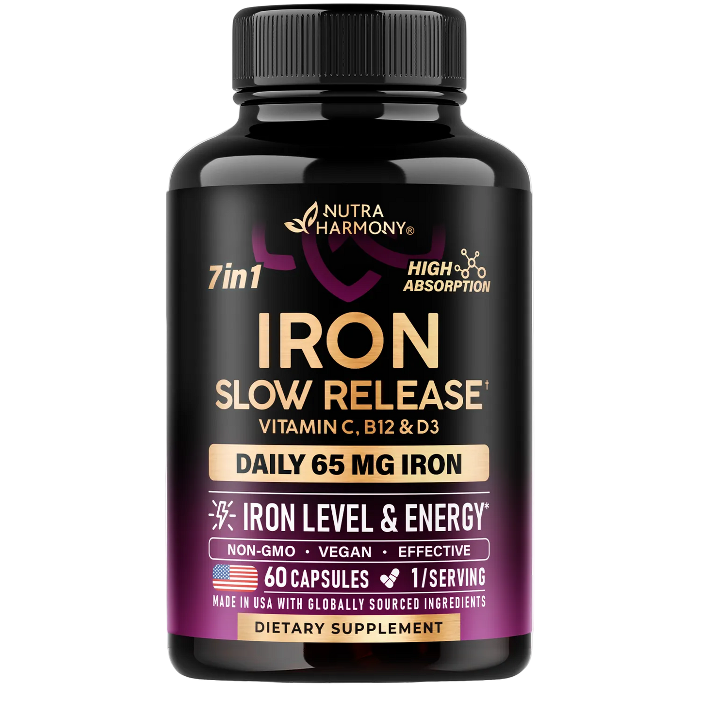 Slow Release Iron 65 mg | Ferrous Sulfate with Vitamins C, B12 & D3 Capsules