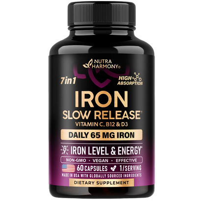 Slow Release Iron 65 mg | Ferrous Sulfate with Vitamins C, B12 & D3 Capsules