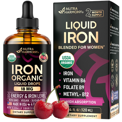 USDA Organic Iron 18 mg | High Absorption Ferric Glycinate Liquid Drops