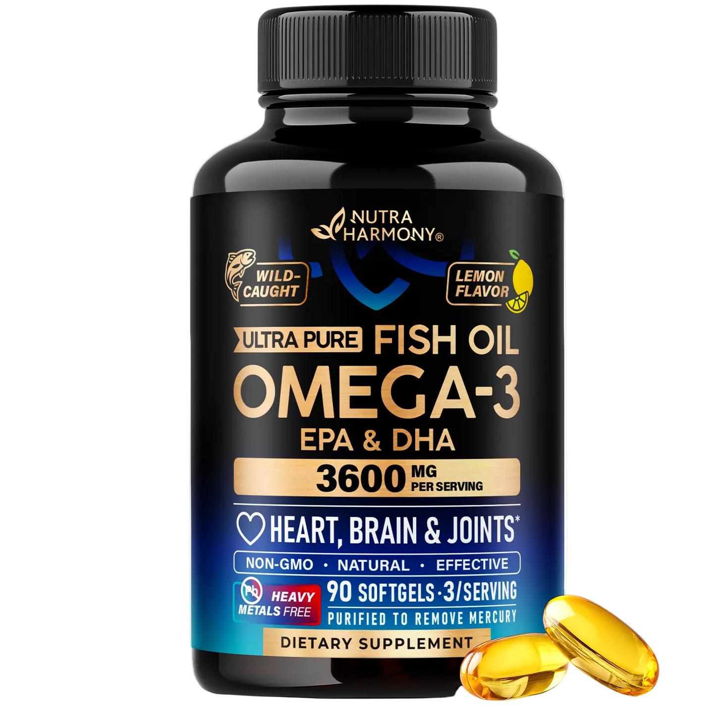 Omega 3 Fish Oil Supplement 3600 mg. Burpless, Lemon Flavored, 90 Softgels