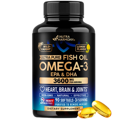 Omega 3 Fish Oil Supplement 3600 mg. Burpless, Lemon Flavored, 90 Softgels