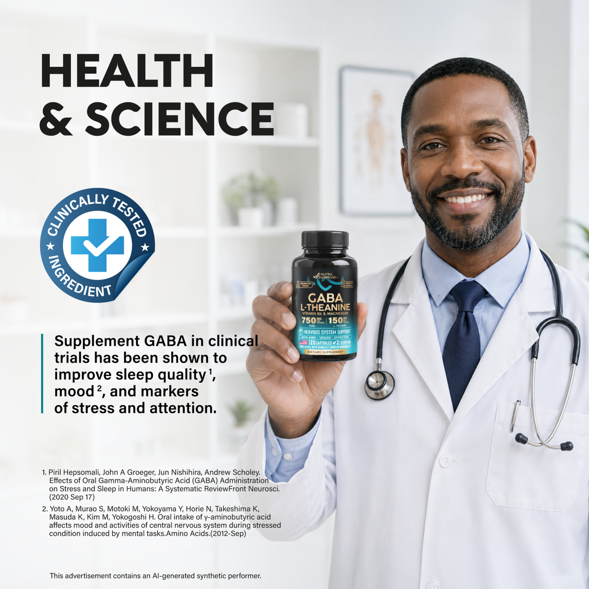 A doctor in a white coat holds a bottle of NutraHarmony GABA L-Theanine supplement next to "Health & Science" text. Cites clinical trials showing GABA improves sleep quality, mood, and markers of stress and attention. 