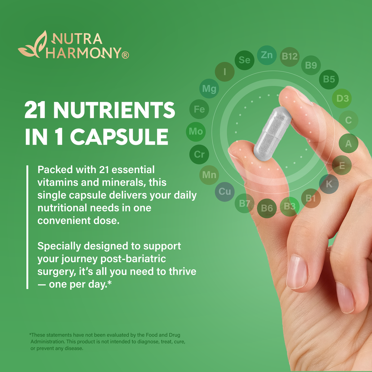 An infographic titled "21 Nutrients in 1 Capsule" showing a hand holding a single supplement capsule surrounded by essential nutrient icons. Details formula highlights:   Comprehensive Blend: Packed with 21 essential vitamins and minerals, including Vitamins A, B-Complex (B1, B3, B5, B6, B7, B9, B12), C, D3, E, K, and key minerals (Fe, Mg, Zn, Se, I, Mo, Cr, Mn, Cu).   Post-Bariatric Support: Specially designed to meet daily post-bariatric nutritional needs in one convenient daily dose. 